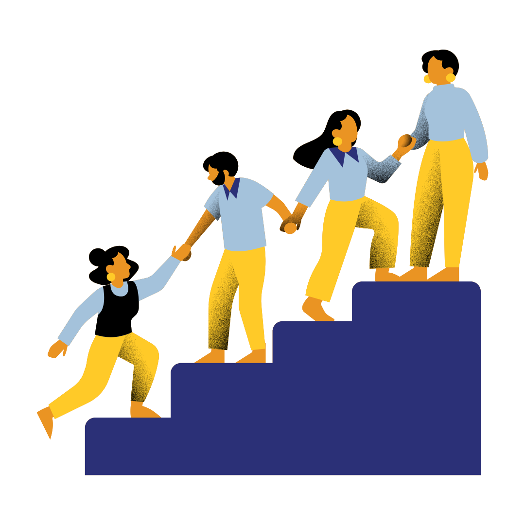 Illustration of a team climbing stairs symbolising teamwork, leadership, and achieving business goals.