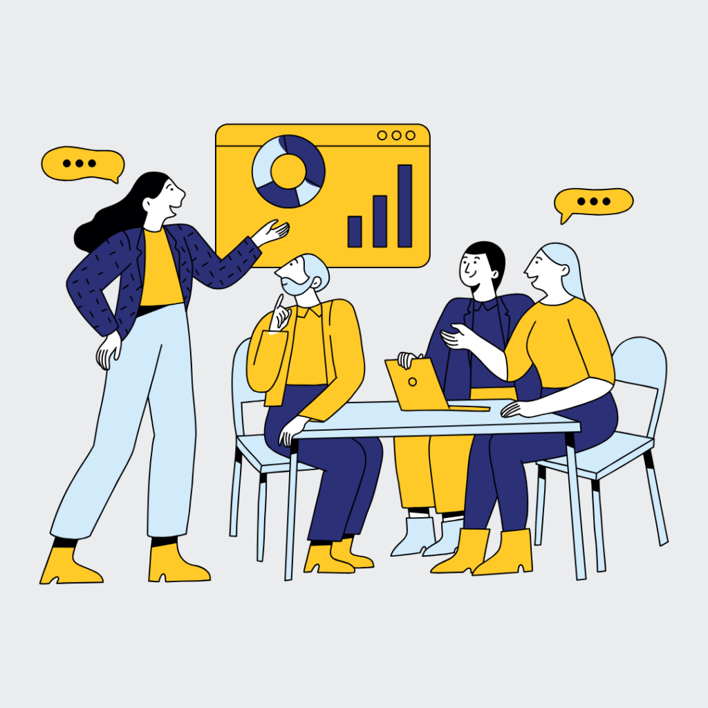 Illustration of a team analysing HR data on charts and dashboards for Power BI training