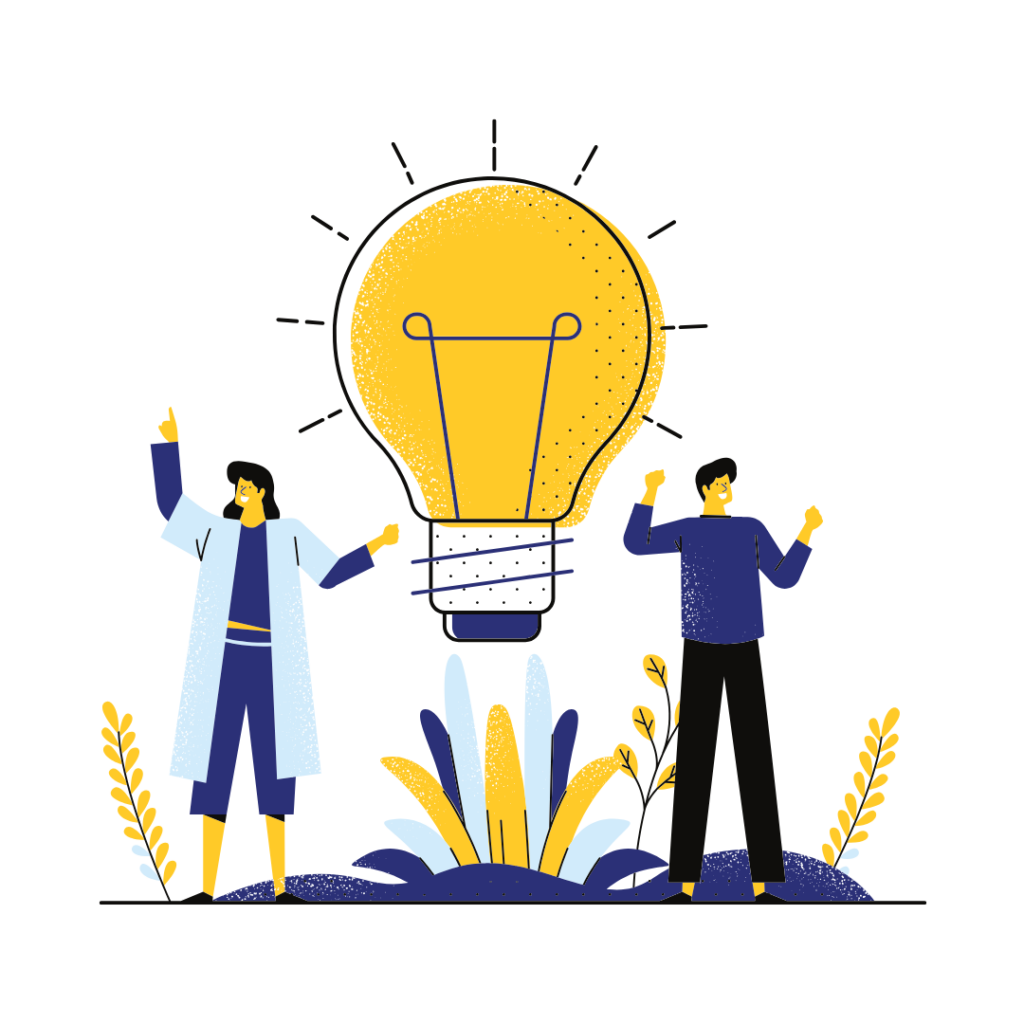 Illustration of two professionals brainstorming innovative HR solutions with a light bulb representing new ideas