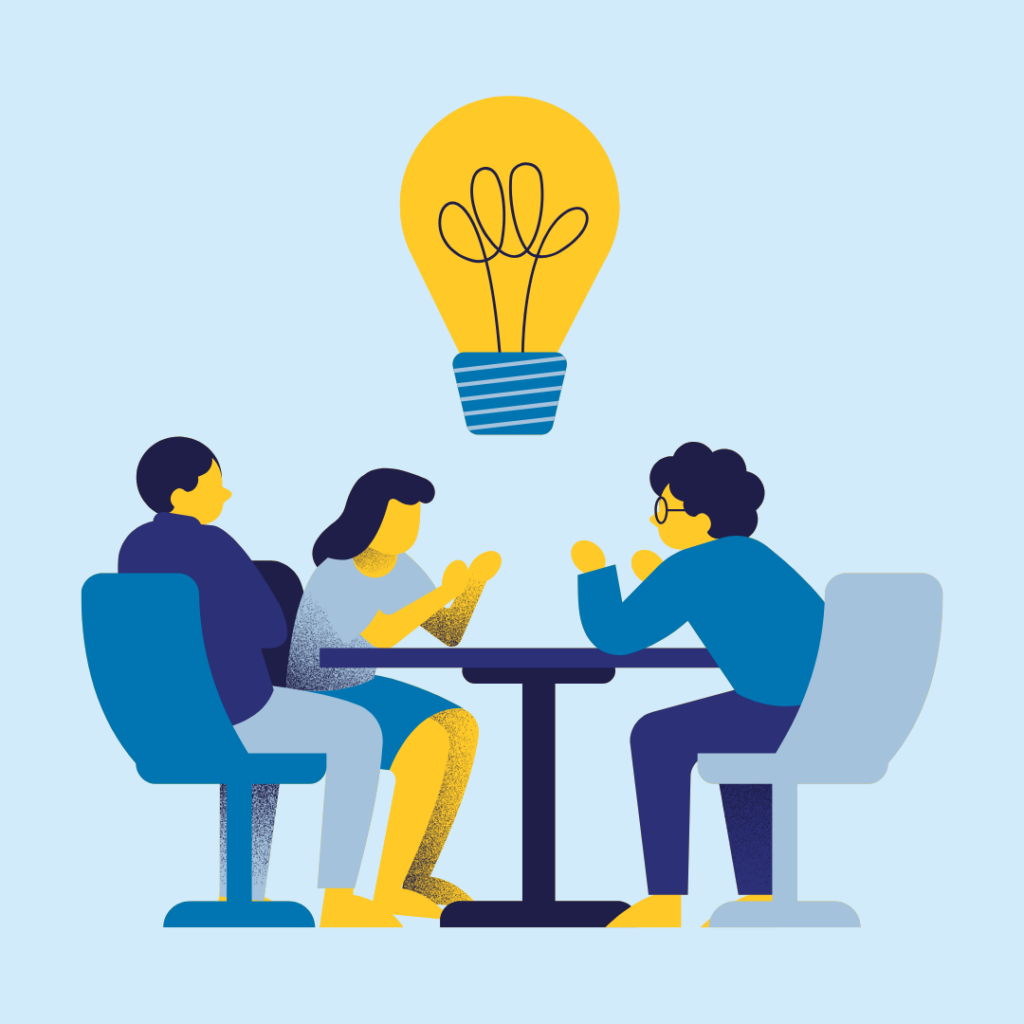 "Illustration of three people sitting at a table under a glowing lightbulb, representing brainstorming and sharing expert HR insights.